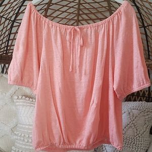 LOFT - Shirred Linen Tee - Coral - Size L